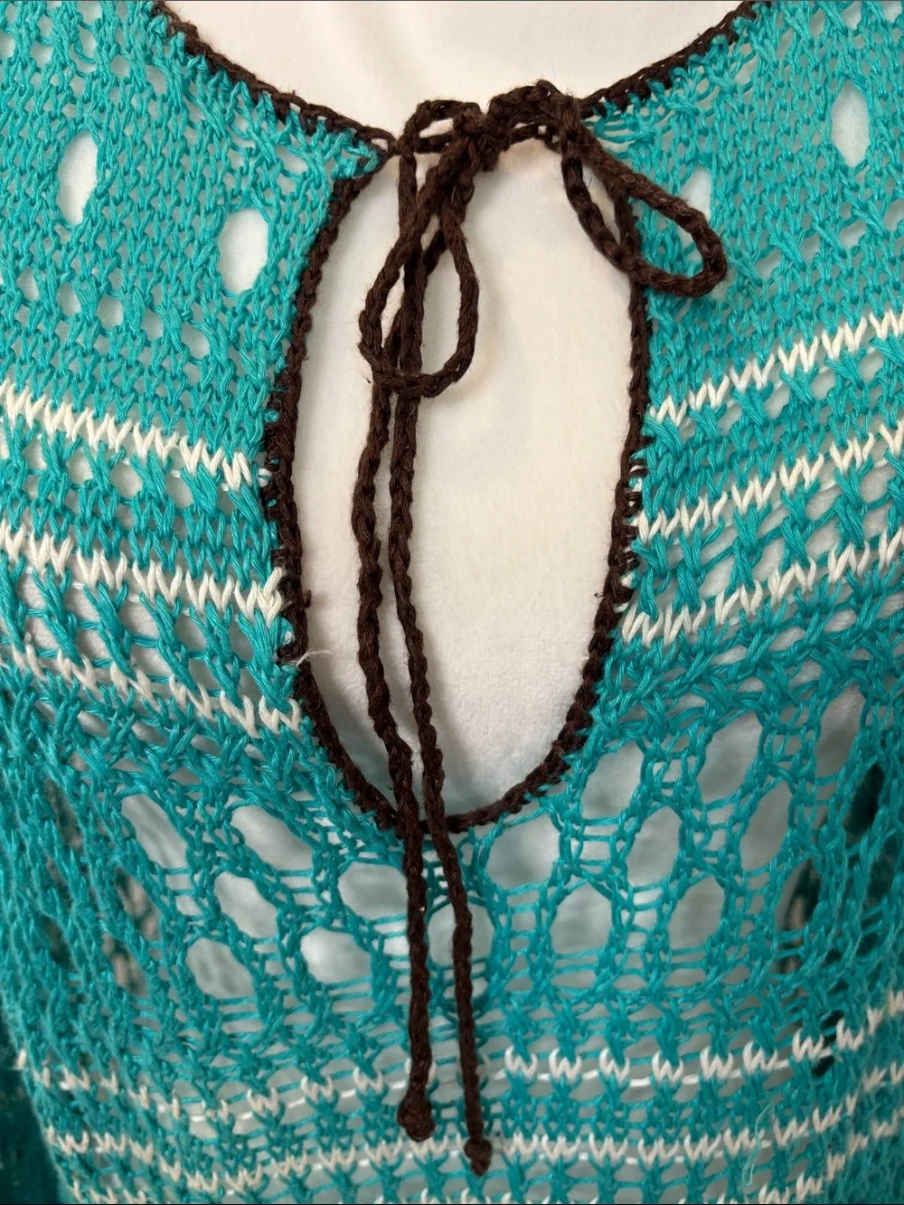 Tommy Bahama Teal Crochet Tie-Neck  Swim Coverup with White Stripes. Linen  XL
